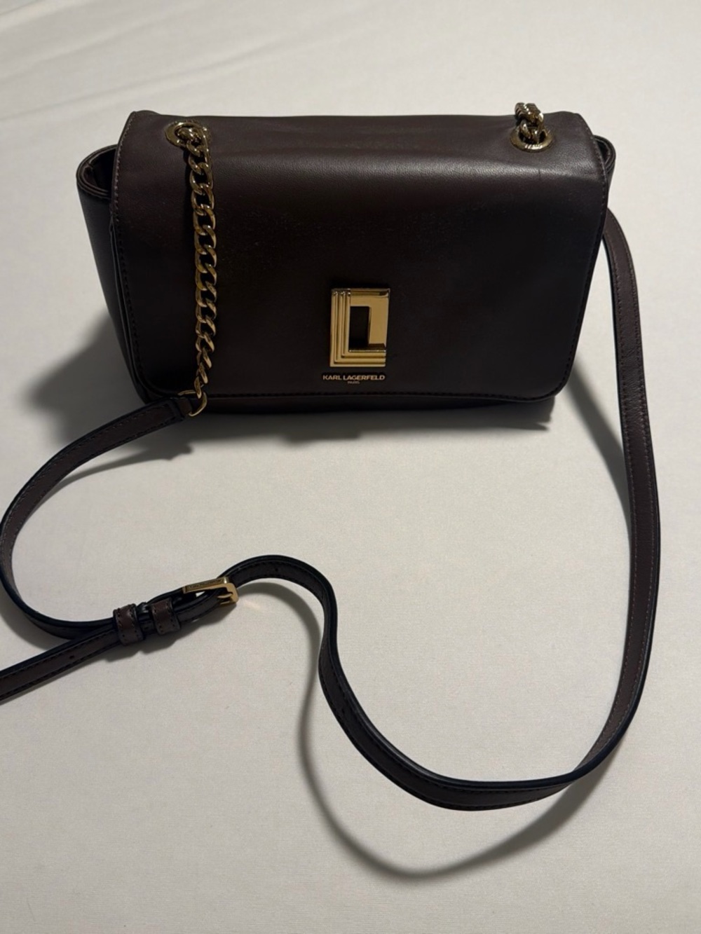 Karl Lagerfeld Dark Brown Leather Crossbody with Gold Hardware